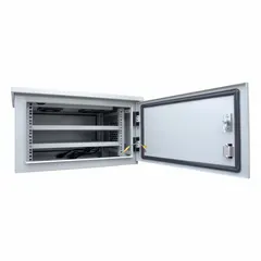 Steel fan-cooled server rack enclosure with powder-coated finish. Measures 14 5/8 x 23 5/8 x 17 3/4 inches and provides 6 rack units of space. Includes a thermostat for temperature control. Suitable for housing network equipment such as switches, patch panels, and servers in indoor or sheltered outdoor locations.