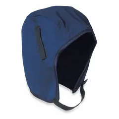 Reusable cotton liner for hard hats, covering head and ears. Features hook-and-loop adjustment, attachment, and closure for a secure fit. Light-duty design suitable for general industrial and outdoor work environments.