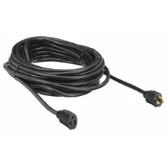 This outdoor extension cord features a NEMA 5-15P plug and a single outlet, with 12/3 SJTW construction rated for 125V AC. The black jacket is temperature rated from -40° to 221°F, suitable for powering tools, equipment, or lighting in outdoor environments.
