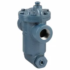 Cast-iron inverted-bucket steam trap with 1 in FNPT connection, rated for 950 lb/hr capacity and 125 psi maximum pressure. Includes integral strainer. Designed for horizontal in-line installation to discharge condensate from steam systems while preventing steam loss.