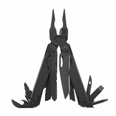 Full-size multi-tool with fold-out regular pliers, featuring 19 tools and 19 functions. Includes a 420HC knife and a wood/metal file. Stainless steel construction with black finish. Closed length 4 1/2 inches. Suitable for cutting, gripping, filing, and screwing in maintenance and repair tasks.