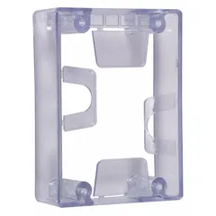 Clear polycarbonate spacer designed to provide proper clearance when installing thermostat protector covers. Ensures alarm and wall fixture covers fit correctly and function as intended in commercial or industrial environments.