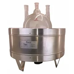 This metal-housed heating mantle with built-in magnetic stirrer is designed for heating and stirring 5 L laboratory vessels. It features an aluminum housing, 600 W maximum wattage, and a maximum temperature of 400°C. The unit requires a separate controller (model 60AG36, not included) and includes a 4 ft 2-wire cord with locking connector. Suitable for chemical synthesis, distillation, and reaction processes requiring uniform heating and mixing.