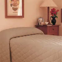 This MARTEX bedspread is a quilted cover for a twin-size mattress, made from a cotton/polyester blend fabric with a solid khaki pattern and polyester fiberfill. It measures 102 inches in length and 71 inches in width, suitable for use in bedrooms, guest rooms, or hospitality settings