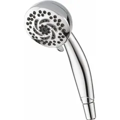 This handheld showerhead from Delta's Universal Showering series features a chrome finish and a flow rate of 1.75 gpm. With a width of 3-5/8 inches, it is suitable for flexible rinsing in residential or commercial bathrooms, providing a comfortable spray for daily showering or cleaning tasks.