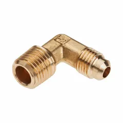 This brass flared/threaded elbow connects 1/4 in OD tubing to a 1/4 in male pipe thread at a 45-degree angle. It meets SAE J512 standards and is used in hydraulic, pneumatic, and fluid-handling systems for reliable sealing in industrial applications.