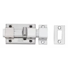 Slide bolt for securing cabinet doors, panels, and enclosures. Measures 1 9/16 in height, 2 11/16 in width, and 1 1/16 in length. Suitable for industrial and commercial applications requiring a manual locking mechanism.