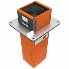 Rectangular metal firestop passthrough for sealing cable penetrations through fire-rated walls and floors. Includes a single mounting plate. Overall dimensions: 6.5 in height, 14 in length, 4.5 in width.
