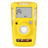 This single-gas detector continuously monitors for sulfur dioxide (SO2) with alarm setpoints of High 4 ppm and Low 2 ppm. Housed in a yellow enclosure, it is powered by a lithium battery. Typical applications include industrial environments where SO2 exposure may occur, such as chemical processing or wastewater treatment