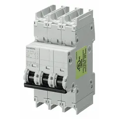 This 3-pole miniature circuit breaker is UL489 listed and DIN rail-mountable. It features a C-Curve trip characteristic, 20A rated current, 125V DC voltage rating, and 14kA interrupting capacity at 240V AC. Screw clamp terminals provide secure wiring connections. Typical applications include overcurrent protection in industrial control panels, machinery, and DC power systems.