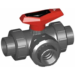 This three-way ball valve is made of PVC with an L-port flow configuration. It features a two-piece body and female NPT threaded connections on all three ports. The locking lever handle allows for secure flow direction control. Typical applications include diverting or mixing flow in industrial piping systems where corrosion resistance is required.