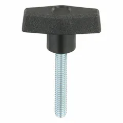 This T-handle knob features a 2 in diameter plastic body with a steel threaded stud. The 5/16"-18 thread size allows for manual clamping, positioning, and adjustment on industrial machinery, jigs, and fixtures. The plastic construction provides corrosion resistance, while the steel thread ensures durable engagement.