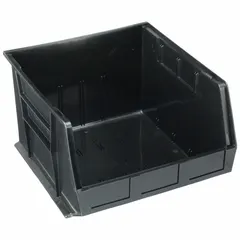 This recycled plastic bin is made from 100% recycled content and includes a label holder. It measures 16 1/2 x 18 x 11 inches and is black. Not electrostatic discharge conductive. Used for organizing and storing parts, tools, or components in industrial warehouses, workshops, and manufacturing facilities.