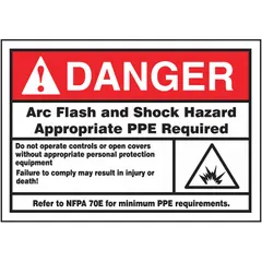 Adhesive vinyl sign warning of arc flash and shock hazards, requiring appropriate PPE before operating controls or opening covers. Nominal size 3 1/2 in x 5 in, 0.006 in thick. Not retroreflective, does not glow in the dark. Suitable for labeling electrical panels, switchgear, and similar equipment.