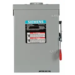 Fusible safety switch rated 30 A, single phase, 240V AC. Galvanized steel enclosure suitable for indoor and outdoor use. Provides a disconnecting means for electrical circuits in industrial, commercial, and residential applications.