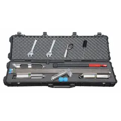 This soil core sampling kit includes a slide hammer for driving the sampler into the ground. The carbon steel construction and threaded connection provide durability for repeated field use. It is used for collecting soil core samples for environmental, agricultural, and geotechnical testing.