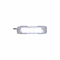 Rectangular LED machine tool light with flood beam pattern, delivering 125 lm max brightness at 2.5 W. Operates on 24V DC ±10% and includes a 3 m wire lead and mounting bracket. Suitable for illuminating work areas on industrial machinery and equipment.