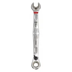 This 3/8 in SAE spline ratcheting combination wrench features an offset design for improved access in confined spaces. Constructed from alloy steel with a nickel chrome finish, it measures 6 1/4 in overall length. Suitable for tightening and loosening fasteners in mechanical and industrial settings.