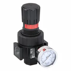 Zinc-bodied air regulator with 3/4 in NPT ports, rated for 90 cfm flow and adjustable from 2 to 125 psig via knob. Suitable for controlling and stabilizing downstream pressure in pneumatic systems, such as industrial manufacturing and automation lines.