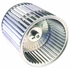This YORK dual-inlet forward-curved blower wheel is constructed of steel with a 9-inch diameter, 9-inch width, and a 1/2-inch bore. It features a single inlet and is tacked at the center. Designed for HVAC air movement in residential and light commercial systems, it is compatible with York model N2AHD14A06A.
