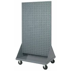 This mobile louvered rack provides vertical storage for tools and small parts in industrial workshops and warehouses. It includes a pull handle and two swivel casters for easy repositioning. The gray finish resists wear in demanding environments.