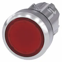 Momentary-action illuminated push-button operator from the Siemens 3SU series. Metallic construction with a red actuator. Suitable for flush mounting in industrial control panels and automation systems.