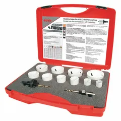 This 12-piece hole saw kit is constructed from high-speed steel with 7 teeth per inch and a maximum cutting depth of 38 mm. Suitable for cutting holes in wood, metal, and plastic, it is commonly used in plumbing, electrical, and HVAC installations.
