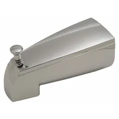This bathtub spout features a pull-up diverter to redirect water from the tub fill to a showerhead. It has a 1/2-inch IPS connection and a 5 1/2-inch spout reach. The spout is made of plastic with a chrome finish.