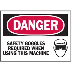 Polyester adhesive sign, 0.01 in thick, 3 1/2 in x 5 in, non-retroreflective, non-glow-in-the-dark, no anti-slip surface. Sold in packs of 5. Used to warn personnel that safety goggles are required when operating a machine in industrial environments.