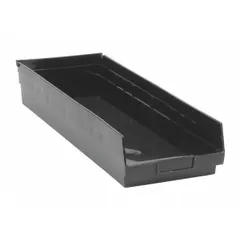 This shelf bin is made from 100% recycled plastic and measures 8 3/8 in x 4 in with an overall length of 23 5/8 in. It is black and nesting capable for space-saving storage when empty. Dividers are not included. Suitable for organizing small parts on industrial shelving in warehouses, workshops, and manufacturing facilities.