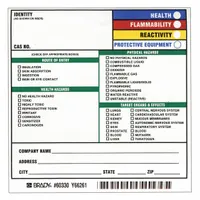Paper safety label with adhesive backing, measuring 5 inches by 5 inches. Supplied in a pack of 100. Used for workplace hazard communication and chemical identification