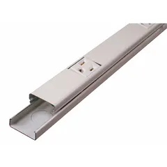 Steel prewired raceway strip with 10 NEMA 5-15R outlets on a single circuit, 5 ft length, measuring 1 5/16 in W x 7/8 in H. Includes base coupling. Suitable for surface-mount power distribution in work areas, labs, or retail displays.