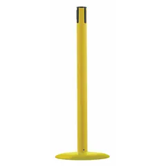 This flat-base receiver post is designed for use with retractable belt barriers in pedestrian traffic management and queue control. It features a 37 1/2-inch yellow plastic post and a cast iron flat base. The post securely receives the belt end to create a temporary barrier.
