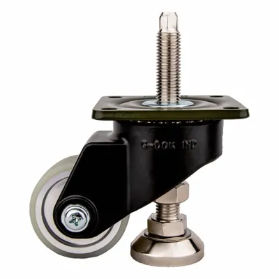 FOOT MASTER Plate Caster: Polyurethane Tread, 63 mm Wheel Dia, 98 mm Mounting Ht - High-Adjustability Extended-Stem Leveling Plate Casters