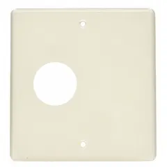 Steel outlet box plate with ivory finish for single-channel raceways. Two-gang overlapping cover with a single round opening. Height 7/16 in, raceway width 7/8 in. Used to enclose electrical connections in wiring systems.