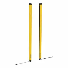 This OMRON light curtain is designed for hand detection in industrial safety applications, creating an invisible infrared barrier using 48 beams with 20 mm spacing and a 990 mm protected height. It operates on 24V DC with a 300 mA current draw and uses an 870 nm IR LED emitter. Connections are via M12 connectors. Typical applications include safeguarding operators near machinery such as presses, robots, and assembly lines.