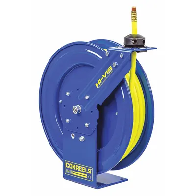 COXREELS Spring Return Hose Reel: 50 ft (1/2 in I.D.), 1/2 in MNPT, 300 psi Max Op Pressure - High-Visibility Standard Air or Water Spring-Return Hose Reels