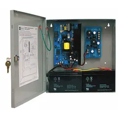 Steel-enclosed power supply board providing simultaneous regulated DC outputs from a single 115V AC source. Delivers 24VDC at 3A and 5/12VDC at 1.75A. Suitable for powering access control systems, security devices, and other equipment requiring multiple DC voltages.