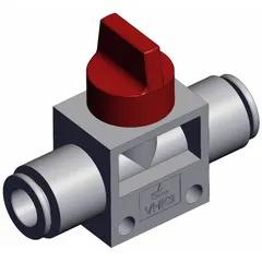 This manual air control valve features a knob actuator and a side-ported body with 8 mm ports. It is a 3-port valve with a red actuator, used to start, stop, or redirect compressed air flow in pneumatic systems. Suitable for panel-mount or inline control applications.