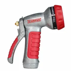 This pistol-grip nozzle features a rear trigger and metal construction. It offers seven adjustable spray patterns for varied watering tasks. Rated for a maximum temperature of 100°F, it is suited for general garden watering, car washing, and outdoor cleaning.
