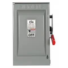 This non-fusible safety switch from Siemens is rated 60 A, three phase, 600V AC. It features a galvanized steel enclosure suitable for indoor and outdoor use. The switch provides a means to safely disconnect electrical power for maintenance or emergency shutdown in industrial and commercial power systems.
