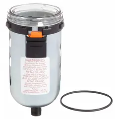 Plastic replacement bowl for WILKERSON FRL (filter-regulator-lubricator) units. Used in compressed air systems to replace damaged or worn bowls, helping protect downstream equipment from moisture and contaminants in industrial pneumatic applications.