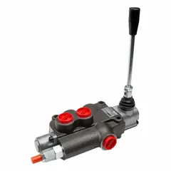 Four-way, three-position manual spool monoblock valve with Motor Center spool center. Single spool with detent mechanism to hold selected position. Used for directional control of hydraulic fluid flow in mobile or industrial equipment.