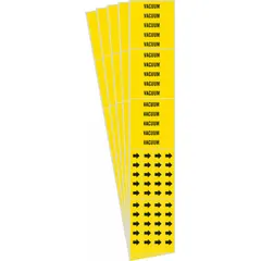 Yellow adhesive pipe markers with black legend reading 'Vacuum' and arrows, designed for pipes with outer diameter of 3/4 inch and smaller. Each pack contains 5 markers (3 pipe markers) for identifying vacuum lines in piping systems. Suitable for industrial and commercial facilities requiring clear pipe content and flow direction labeling.