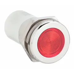 Red LED pilot light with flush head design for 16 mm panel mounting holes. Features a 0.11 Male Quick Disconnect electrical connection. Used as a visual status indicator in industrial control panels and machinery.