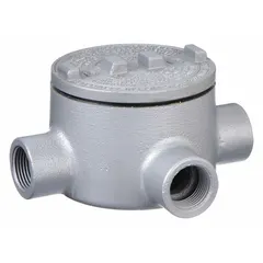 Aluminum X-style conduit outlet body with powder-coated finish, round back, and threaded female hubs. Trade size 1-1/2 in, 72 cu in capacity, includes cover and grounding screw. For use with threaded IMC in hazardous locations. CSA C22.2 No. 30 certified.