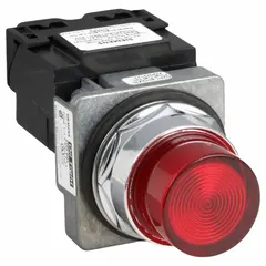 Red LED pilot light from Siemens Class 52 series, designed for 30 mm panel mounting. Rated for 240 V AC maximum supply voltage. Provides visual status indication in industrial control panels and automation systems. Does not include push-to-test function.