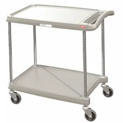 This polymer lab cart from INSTOCK includes two shelves and measures 27 3/4 inches wide by 36 7/8 inches high. It is designed for transporting instruments, glassware, and supplies in laboratory and industrial settings. The polymer construction resists corrosion and facilitates cleaning.