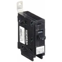Single-pole miniature circuit breaker rated 30 A at 120/240V AC, with a maximum AIR rating of 22kA at 120/240V AC. Part of the BL Series, designed for bolt-on installation in Siemens P1 Panelboards. Provides overcurrent protection for single-phase branch circuits in commercial and industrial electrical systems.