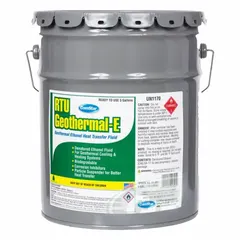 COMSTAR Geothermal-E RTU is a 30% concentration ethanol heat transfer fluid supplied in a 5-gallon pail. The fluid is colored green and is not food safe. It is used in closed-loop geothermal heating and cooling systems to prevent freezing and corrosion.